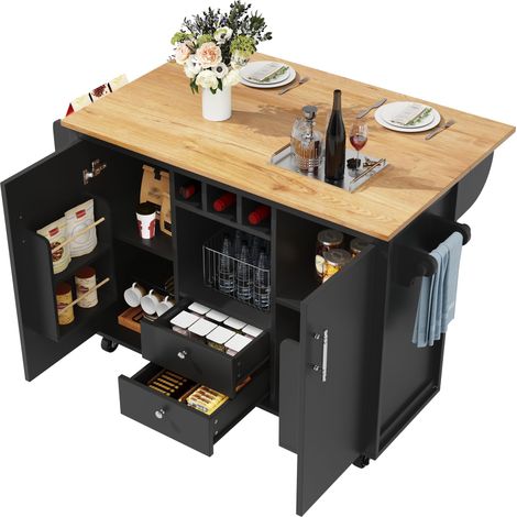 Ilot Central Cuisine Desserte de Cuisine Meuble Cuisine avec Plateau Pliant 2 Tiroirs Porte Serviettes 5 Roulettes Buffet pour Salle a Manger (1/5)
