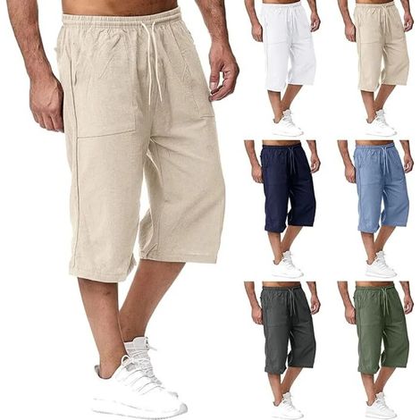 Short en lin pour homme, pantacourt léger et ample, taille élastique avec cordon, décontracté, idéal plage.