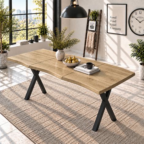 Table à manger 160 x 78 x 75 cm, idéale pour 4 à 6 personnes, plateau ondulé et épais, style minimaliste, pieds en fer en forme de X, finition bois. (1/5)