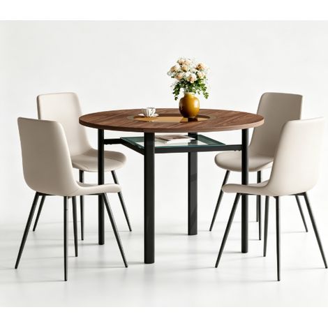 Set da pranzo rotondo 100 cm con 4 sedie in PU grigio caldo e vetro HOMVRA (1/5)