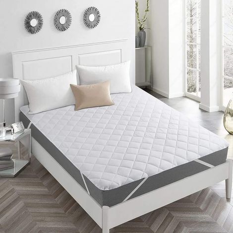 Protège-matelas pour lit double, matelassé, sangles élastiques, blanc (1/5)