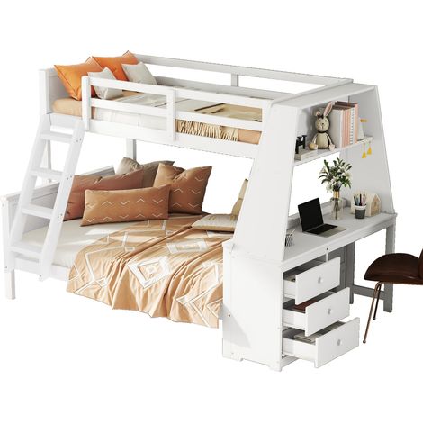 Litera infantil 90x200 y 140x200 cm con escritorio, librería, 3 cajones y estante, gran almacenaje y barandilla alta, para dormitorio juvenil  CHICFURN (1/5)