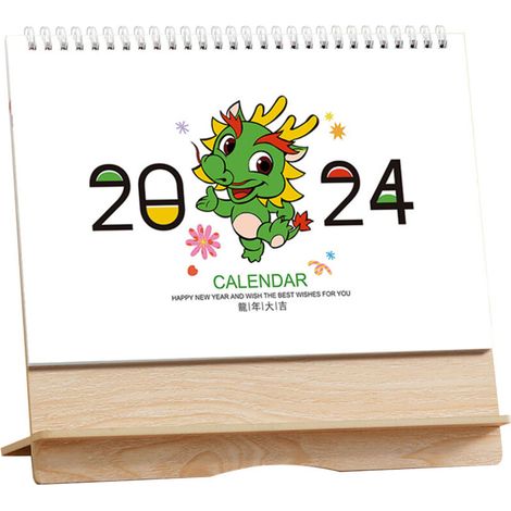 [Tischkalender] Horizontaler Holzrahmen, Kalender 2024, neuer Cartoon-Drache, kreatives, schlichtes und minimalistisches Schreibtischaccessoire, personalisiertes Geschenk