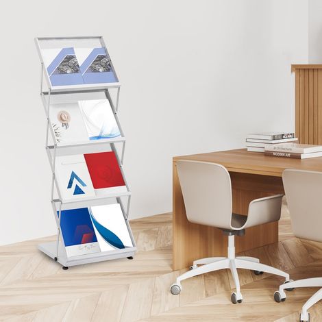 Portafolletos de 4 pisos Soporte de suelo plegable Revistero Plegable de 4 pisos para periódicos A3 Modelo de rejilla-Blanco (1/5)