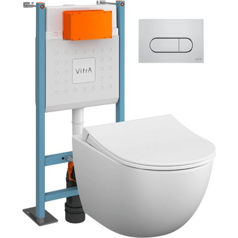 Pack WC suspendu VitrA Sento blanc mat + bâti autoportant V-Fix Core + Plaque Round chromé (1/5)