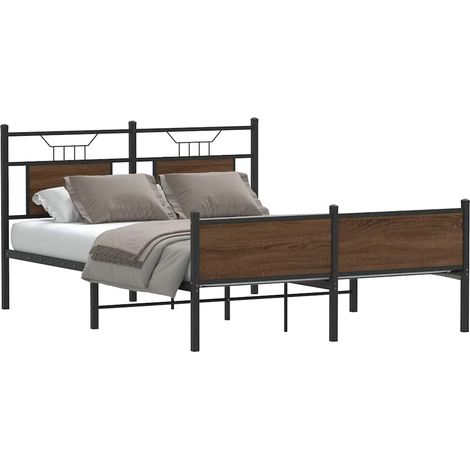 Cadre de lit 140 x 190 cm avec tête et pied de lit en acier et bois chêne marron, sans matelas - PANGIVO (1/5)