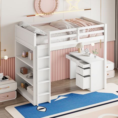 Letto a soppalco con scrivania, letto a soppalco per bambini 90x200 cm con contenitore, struttura letto in legno, bianco (1/5)