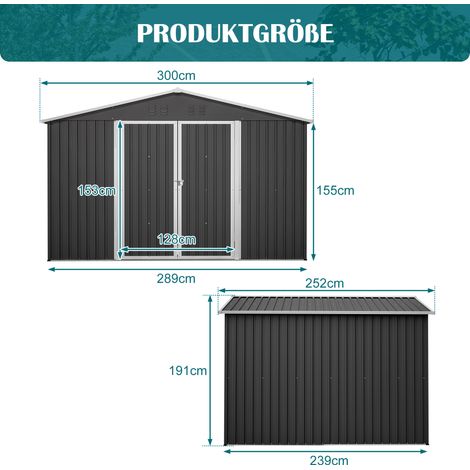 Grand abri de jardin métallique 300 x 252 x 191 cm, abri à outils XXXL avec toit en pente, abri de jardin, abri de rangement, anthracite (1/4)
