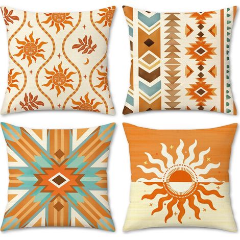 Housse de Coussin Soleil Boho Orange 45 x 45 cm Sud-Ouest Tribal Ethnique Soleil Décoratif Taie d'oreiller pour Canapé Chambre Chaise Patio Maison Décoration 4 Pièces (1/5)