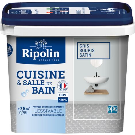 Peinture Murale spéciale Cuisine et Bain - Satin - 0,75L - Gris Souris - Ripolin