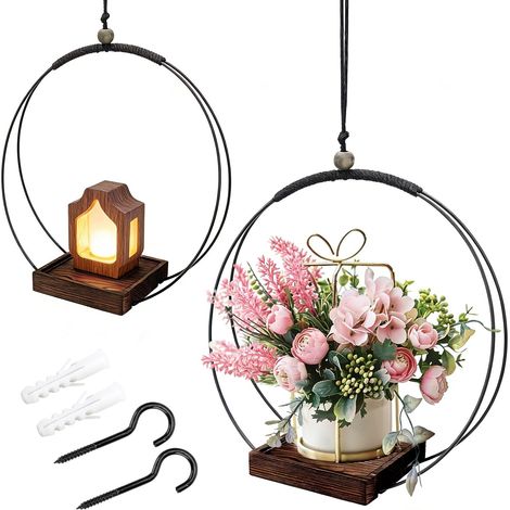 Lot de 2 Jardinières Suspendues d'Intérieur, Pot de Fleurs Suspendu en Macramé avec Base en Bois, Anneau Métallique pour Suspension Murale et Plafond, Support pour Plantes Grasses et Cactus (1/5)