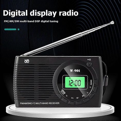 Petite radio portable AM/FM/SW, radio à piles avec horloge à écran, double mode d'alimentation, stéréo, survie d'urgence, UE. (1/4)