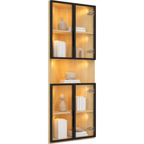 Vitrine d'angle LED 62 x 32 x 160 cm en verre trempé et MDF finition bois clair, avec fermeture douce, meuble vitré compact pour salon bureau – CHICFURN (1/5)