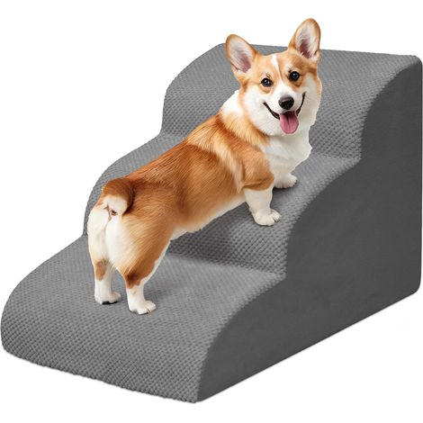 Escalier pour Chien et Chat, H40 cm, avec Housse Lavable et Mousse à Haute densité, pour lit, Salon et canapé, Échelle Large Animaux âgés et blessés (Gris, 3 marches)​​ (1/5)