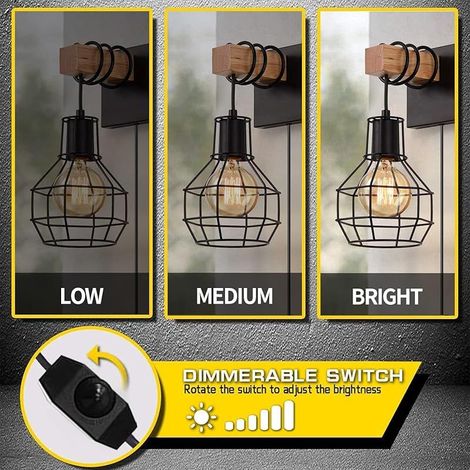 Applique Murale Intérieur Bois Vintage, E27 Rétro Dimmable Lampe Murale avec Prise et Interrupteur, Lampe de Chevet Industrielle cage en Métal pour Chambre, Salon, Escalier, Noir (Sans Ampoule) (1/5)