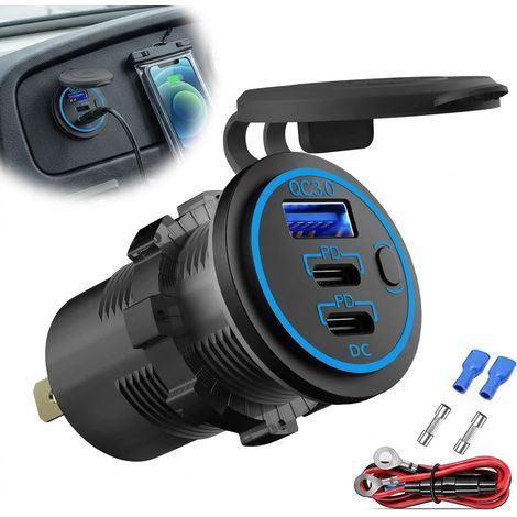 55W USB 12V/24V Chargeur Double Ports USB PD3.0+QC3.0 Étanche Interrupteur Charge rapide PD QC, multi-protections, interrupteur éco, compatible auto bateau moto (1/5)