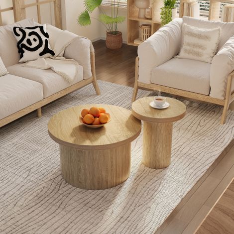 Table basse, table ronde double, table d'appoint à lattes en bois naturel. Table de salon multifonctionnelle.