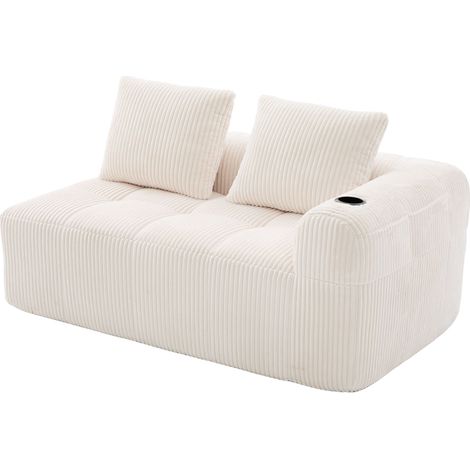 Divano 2 posti in tessuto corduroy beige con tasche laterali e portabicchieri (1/5)