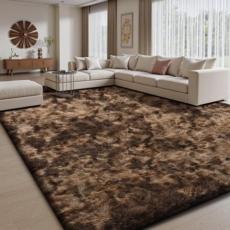 Tapis de Salon, à Poils Longs, Tapis Chambre Marron, 140x200cm, antidérapant, Extra Large, Moelleux et Moderne, pour Chambre à Coucher, Chambre d'enfant (1/5)