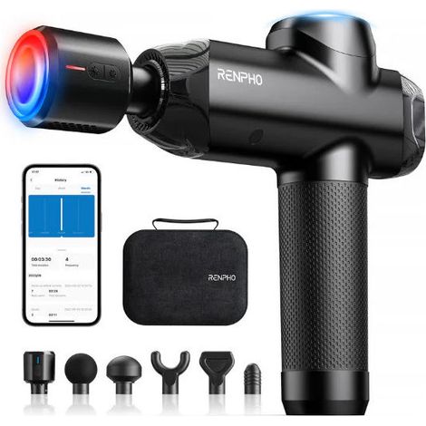 Renpho PEU-R-C001SH-BK-B2B Pistola Massaggiante Power+ Thermacool con Funzione Caldo-Freddo 6 Testine App Intelligente