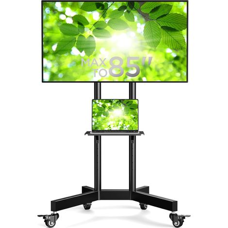 Support TV à roulettes pour Téléviseurs de 32 à 85 Pouces jusqu'à 60 kg, Support TV au Sol avec Plateau, Réglable en Hauteur VESA 400x400mm Max.