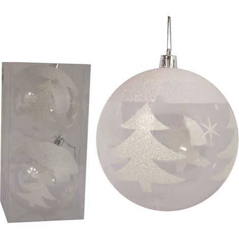Set mit 2 transparenten Christbaumkugeln mit weißer Verzierung, 10 cm (1/3)