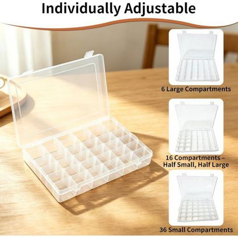 Lot de 4 boîtes de rangement compartimentées - 36 cases, séparateurs amovibles, couvercle, plastique transparent, 27 x 17 x 4 cm (1/5)
