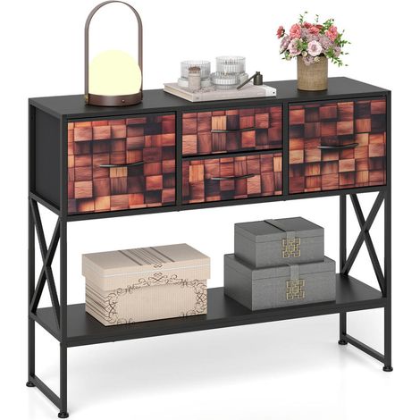 Pour Salon et Entrée Optimisez l'Espace avec cette Table Console Étagère 4 Tiroirs en Tissu et Motif Mosaïque Marron (1/5)