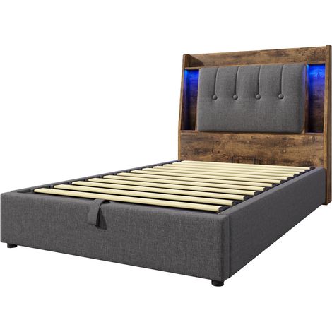 Cama tapizada 90x200 cm con USB Type-C, arcón elevable, LED, gris, HOMVRA (1/5)