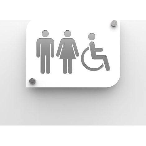 Pictogramme toilettes PMMA - Plaque porte design blanc personnalisable - 20x15 cm, 2 plaques superposées, fixation inox 13 mm (1/4)