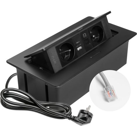 GTV – Presa da incasso MULTISOFT nera con 2 prese con messa a terra, USB A+C, RJ45, retrattile con copertura, cavo da 1,5 m, per cucina, ufficio, congressi e tavolo da lavoro (1/2)