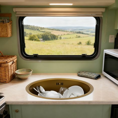 RV-Spüle Einzelspülbecken Wohnmobilspülbecken Goldenes Rundspülbecken mit Deckel (1/5)