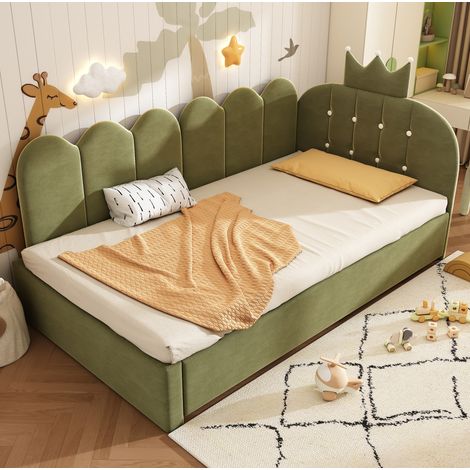 Divano letto in velluto verde 90x200 cm con letto estraibile 90x190 cm, testiera a corona e rete a doghe incluse. (1/5)