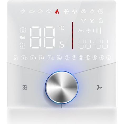 Thermostat mural tactile Ortviai BAC-009AL pour climatisation 2 tubes, programmation 5+2, écran numérique, blanc, design fin (1/5)