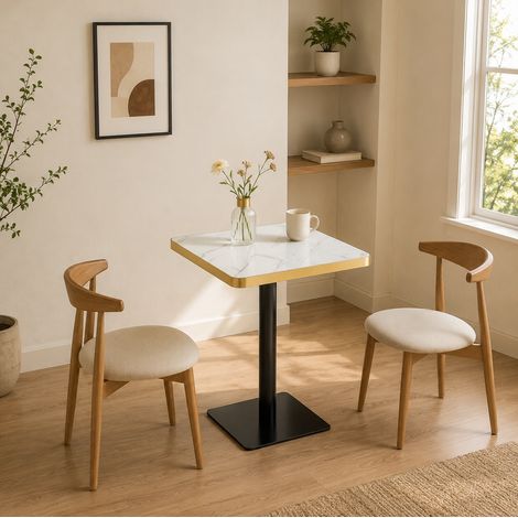 Mesa de comedor cuadrada de 60x60 cm y 74 cm de alto para 2 a 4 personas, tablero efecto mármol, estructura metálica, color blanco. (1/5)