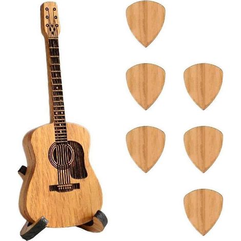 Boîte à médiators en bois avec support - 6 médiators uniques, mini boîte de rangement pour guitaristes, gravure pour musicien (1/5)