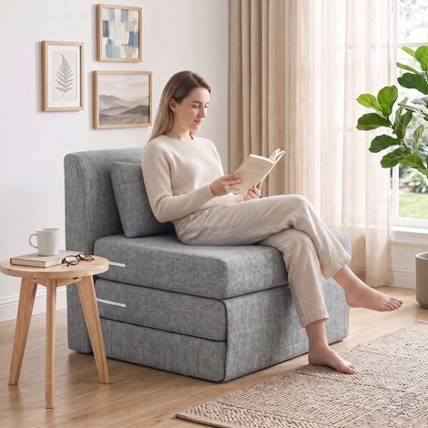 Fauteuil chauffeuse pliant 3 en 1 coussin convertible matelas invités gris (1/5)