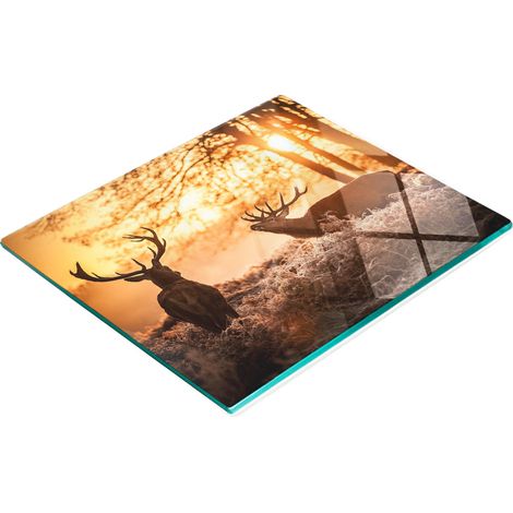 Tablero de vidrio templado con dise帽o de amanecer sobre un ciervo, 60x52 cm.