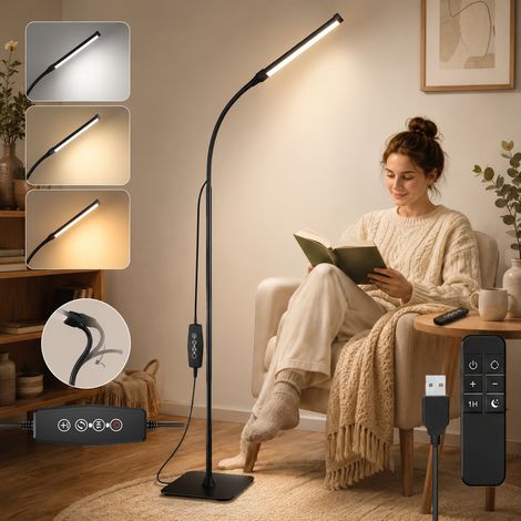 HEMVOR Lampadaire LED sur pied dimmable 10 W, 3 températures 3000-6000 K, 5 niveaux, télécommande, USB, noir (1/5)