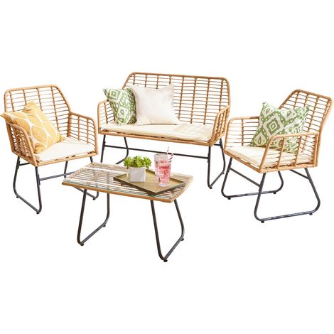 Neo Beige Garden Furniture Patio Wicker Bamboo Style Cane Chair Table Outdoor Indoor Balcony Conservatory Rattan Cushion Sofa Set 4 Piece