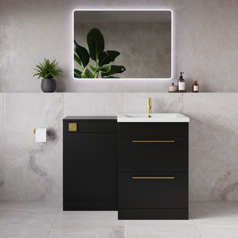 Napoli 460 Matt Black 1100mm 2 Drawer Vanity Unit Toilet Suite with Glide Basin - 1100mm - Brushed Brass 320mm HandleWithout Kingston Toilet Pan