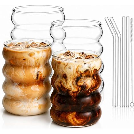 Set Ribbed Glasses with Glass Straws for Iced Coffee, Water, Long Drink, Cocktail, Soda - Idea (1/5)