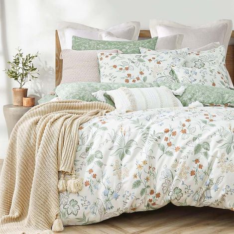 Housse de Couette 140x200cm Vert Blanc Feuilles Floral Fleurs Ado Adultes Parure de Lit 1 Personne avec Fermeture Éclair Housse Couette en Microfibre avec 1 Taie d'oreiller 65x65 cm (1/5)