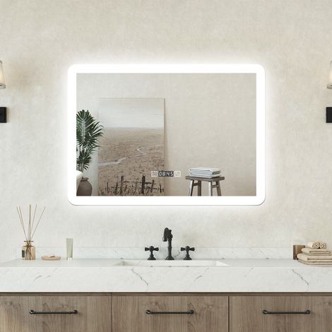 Specchio bagno Rettangolare 80x60cm Led Con 3 Luci + Orologio + Antiappannamento (1/5)
