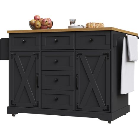 Isla de cocina plegable negra de MDF y metal con gran almacenaje (1/5)