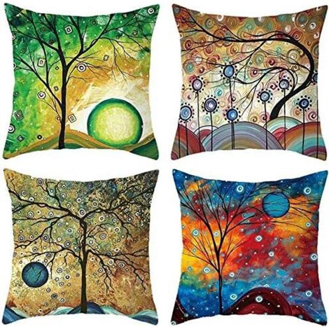 45 x 45 cm Lot de 4  Arbre Abstrait Peinture à l'huile en Coton et Lin Housse De Coussin carré pour Lit Voiture De La Maison Canapé