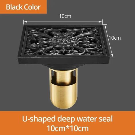 (Black-U)Drain 10cm Square Black Brass Shower Drain Strainer Floor Cover Art Carved Balcony Bathroom Bath Accessories Grate Waste SY-078R (1/4)