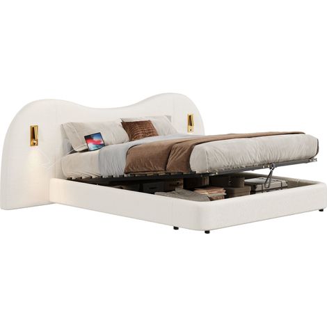 Lit coffre 180x200 cm, lit double, lit fonctionnel hydraulique, avec port de chargement USB et lampe de lecture, lit avec sommier à lattes, tête de lit et grand coffre de rangement, tête de lit rembou (1/5)