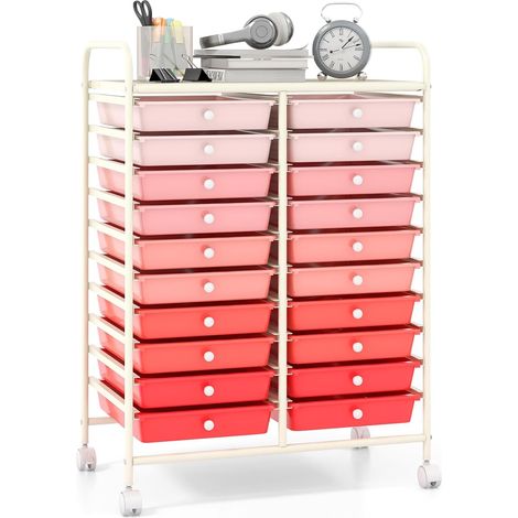 GOPLUS Desserte à Roulettes avec 20 Tiroirs Amovibles en Plastique, 63 x 38 x 89 CM, Chariot de Rangement à Roulettes Verrouillable, Cadre en Acier, Poignée Latéral, pour Chambre, Bureau (Rose) (1/5)