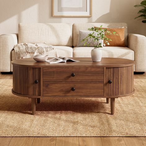 Table basse ovale - Rangement, Sommier - 100x50x40 cm - Lattes verticales - MDF - Noyer (1/5)